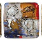 Pony Tale Panels
© Kim Laurel • left to right: Zeus Pony, Pegasus Pony Pre-Flight Fitting I, Pegasus Pony Pre-Flight Fitting II • Mixed media on wood • each 12" x 12"
